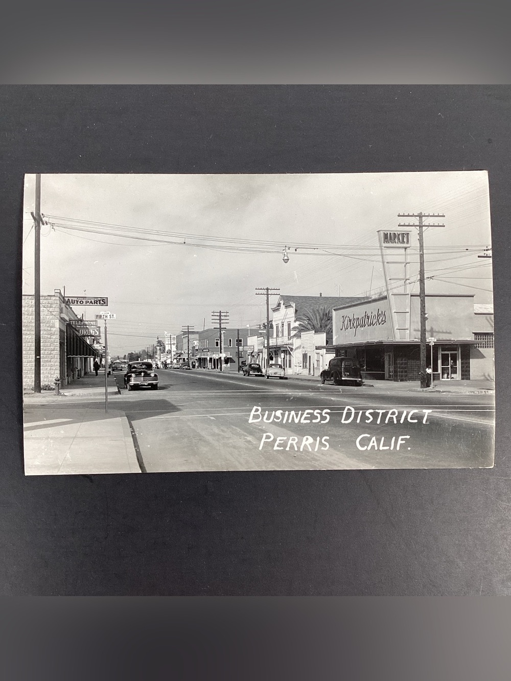 RPPC Business District Perris California Black & White Postcard Downtown 1940s